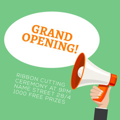 Sticker - Grand opening flyer banner template. Marketing business concept with megaphone. Grand Opening advertising