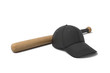 3d rendering of a black baseball cap lying near a wooden bat on a white background.