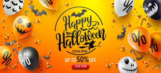Wall Mural - Halloween Sale Promotion Poster with Halloween candy and Halloween Ghost Balloons on Orange background.Scary air balloons.Website spooky or banner  template.Vector illustration EPS10