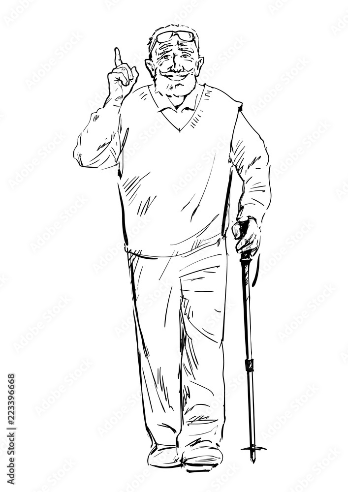 Sketch of an smiling old man walking with a tracking stick. Hand drawn ...