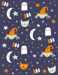  Funny Hand Drawn Halloween Vector Pattern. Dark Blue Background. Orange, White and Mint Green Starrs. Cute Smiling Moon. Lovely Witch. Funny White Cat. Adorable Little Ghost.