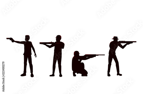 Cuadros en Lienzo Silhouette of Man holding Gun in difference Shooting Position