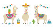 Cute cartoon llama alpaca vector graphic design set. Hand drawn llama character illustration and cactus elements for nursery design, poster, greeting, birthday card, baby shower design and party decor