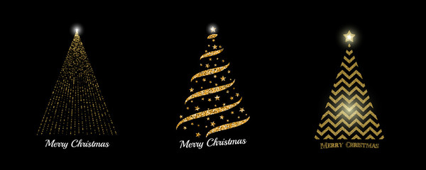 christmas tree collection. vector golden sparkling christmas tree illustrations for background, card