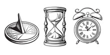Set Of Different Old Clocks. Sundial, Hourglass, Alarm Clock. Black And White Hand Drawn Sketch Vector.