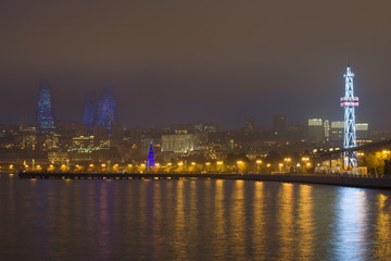 Wall Mural - View of the Seaside Park and the Towers in the late January evening, Baku