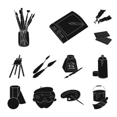 Wall Mural - Painter and drawing black icons in set collection for design. Artistic accessories vector symbol stock web illustration.