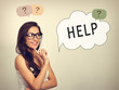 © Anastasia.photoyoga - Happy smiling positive woman showing looking on the speech bubble with help word inside, customer service support. Question sign. Vintage toned color portrait. Concept