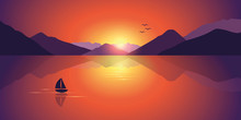 Lonely Sailboat On A Calm Sea With A Beautiful Mountain View At