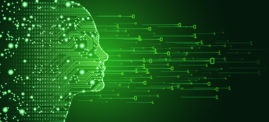 Big data and artificial intelligence concept. Machine learning and cyber mind domination concept in form of women face outline outline with circuit board and binary data flow on red background.