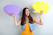 © 5second - Young girl with speech bubbles on grey background