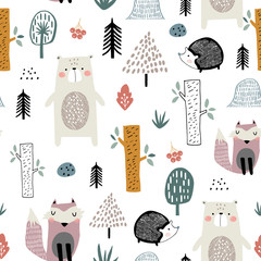 seamless childish pattern with cute bear, fox, hedgehogs in the wood. creative kids scandinavian sty
