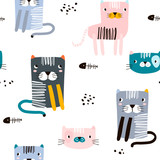 Seamless childish pattern with funny cats. Creative scandinavian kids texture for fabric, wrapping, textile, wallpaper, apparel. Vector illustration