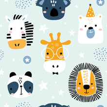 Seamless Childish Pattern With Funny Animals Faces . Creative Scandinavian Kids Texture For Fabric, Wrapping, Textile, Wallpaper, Apparel. Vector Illustration