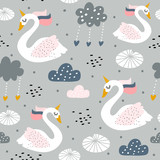 Seamless childish pattern with swan unicorn on gray background Creative nursery texture. Perfect for kids design, fabric, wrapping, wallpaper, textile, apparel