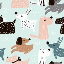 Childish Seamless Pattern With Hand Drawn Dogs. Trendy Scandinavian Vector Background. Perfect For Kids Apparel,fabric, Textile, Nursery Decoration,wrapping Paper