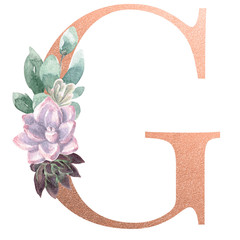 Watercolor Monogram Alphabet Letter G Rose Gold Foil