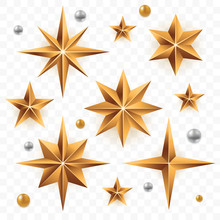 Christmas Golden Stars Set Isolated On Transparent Background. Gold Stars Of Different Forms With Silver Beads. Xmas Decoration Element For Your Design. Vector Eps 10.