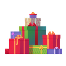 Bunch Of Christmas Gift Boxes Vector Illustration. Holiday Presents Isolated On White Background. Festive Element For Your Design. Eps 10.