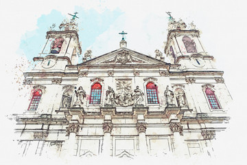 illustration Basilica da Estrela cathedral in Lisbon, Portugal. Catholic cathedral and west Christianity. Architectural sight in historic center in Baroque and classicism style.