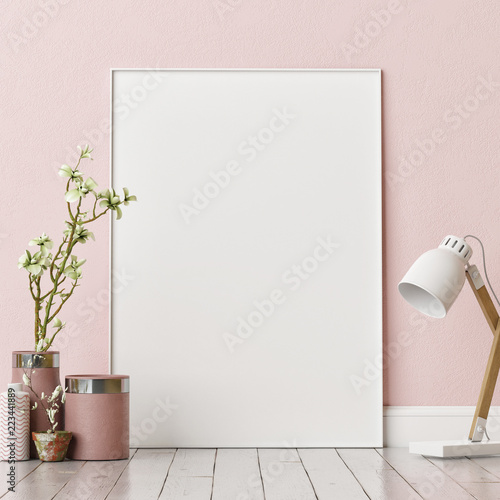 Fotografie, Obraz Mock up poster on rose wall, close up composition, 3d render, 3d illustration