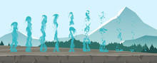 Vector Illustration Set Of Geysers, Frozen Streams And Splashes Of Water Isolated On Mountains Background In Flat Style.