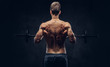 © Fxquadro - Back view of shirtless man with stylish hair and muscular ectomorph doing the exercises with the barbell.