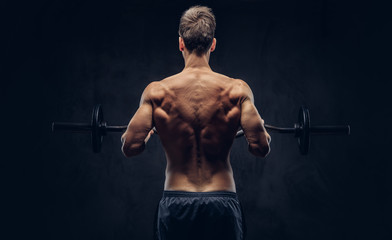 Wall Mural - Back view of shirtless man with stylish hair and muscular ectomorph doing the exercises with the barbell.