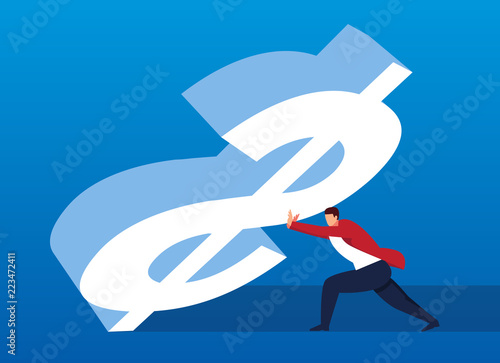 Fotografie, Obraz Businessman struggles to support the huge dollar falling
