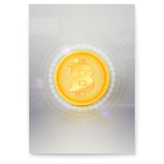 Wall Mural - Poster with virtual currency Bitcoin. Icon of digital money, golden digital coin. Design of banner with crypto currency and UI elements. Ready for print on cover, leaflets, using in presentations.