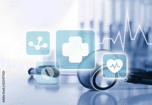 Fotografía Laptop diagnosis with stethoscope on background