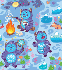 Wall Mural - Busy Yetie seamless pattern in cartoon style. Vector illustration