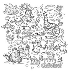 Contour Christmas print with cute funny holiday dinosaurs in sweaters, hats and scarves. Ideal for coloring print