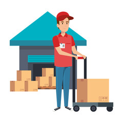 Wall Mural - delivery worker with cart and warehouse