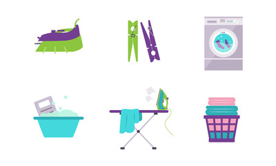 Poster - Laundry set, washing machine, basin, clothespin, iron, ironing board vector Illustration on a white background