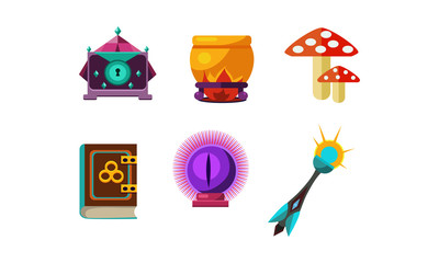 Sticker - Flat vector set of magic items. Crystal ball, mushrooms, small casket, cauldron, book of spells and wand