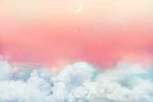 夕焼けと星空に浮かぶ雲と新月