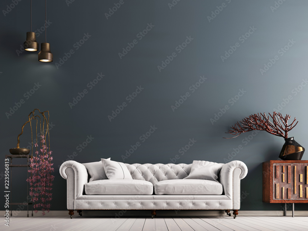 empty wall in classical style interior with white sofa on grey background wall. - obrazy, fototapety, plakaty 