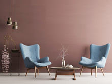 Empty Wall In Pastel Modern Interior With Burgundy Wall, Soft Armchairs, Plant And Lamps.