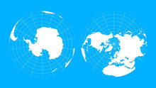 Arctic And Antarctic Poles Globe Hemispheres. World Map In Blueprint Style