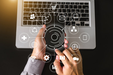 coding software developer work with augmented reality dashboard computer icons with responsive cyber