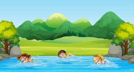 Wall Mural - Children swimming in the river