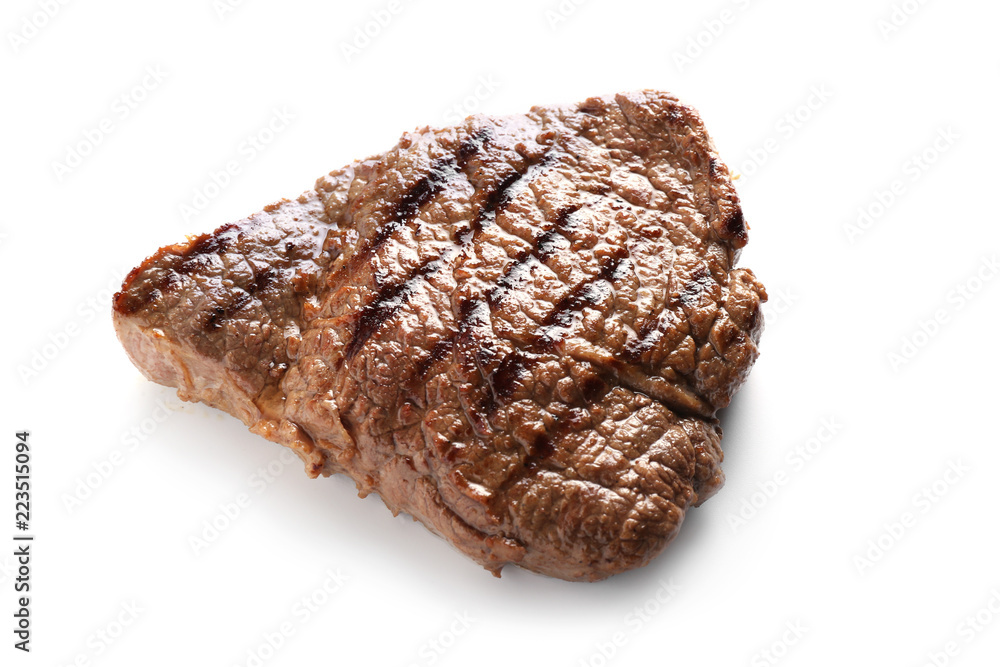 Tasty grilled steak on white background
