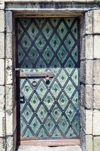 Vintage Doors In Green Metal Forging Grating In The Old House