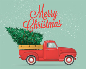 merry christmas and happy new year postcard or poster or flyer template with pickup truck with chris