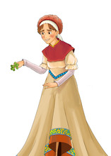 Cartoon Scene With Medieval Woman On White Background - Illustration For Children