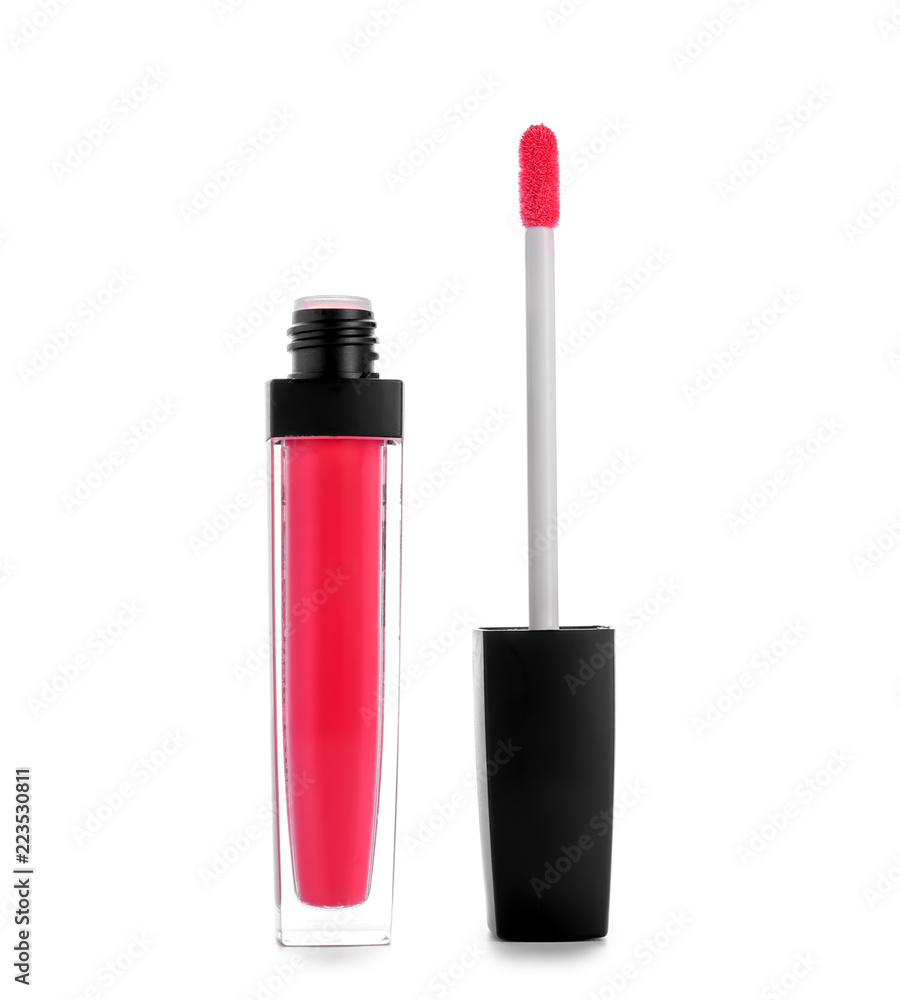 Liquid pink lipstick on white background