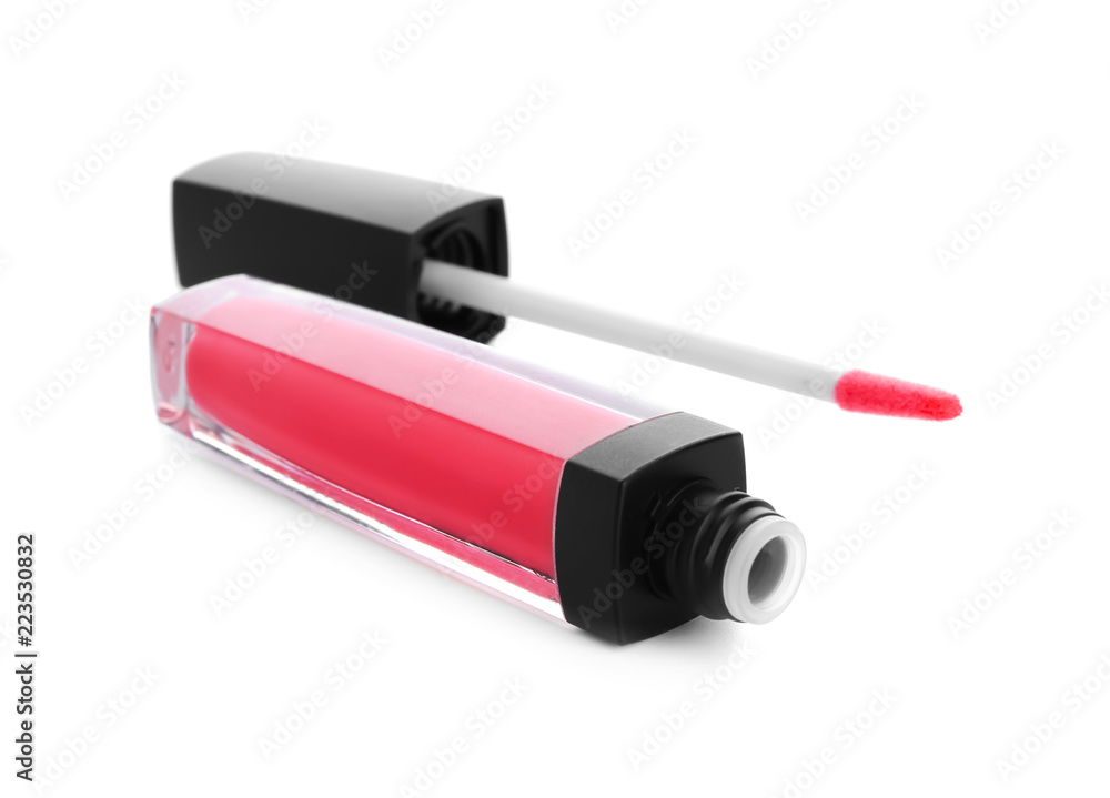 Liquid pink lipstick on white background