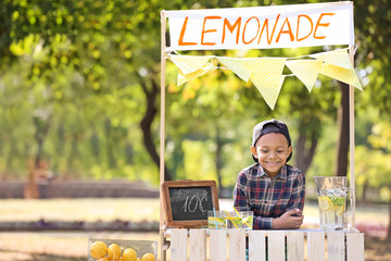 Little African-American boy at lemonade stand in park