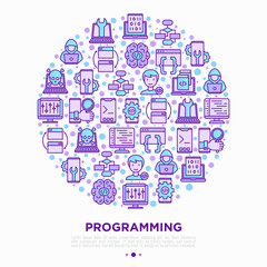 Wall Mural - programming concept in circle with thin line icons: developer, code, algorithm, technical support, p